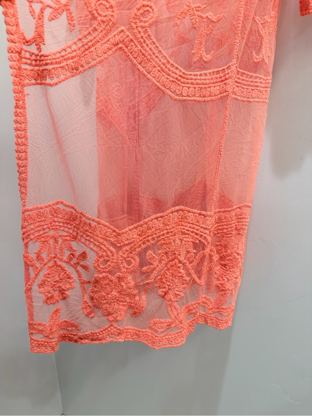 Dizzy Gal Coral Pink Floral Lace Sheer Mesh Long Kimono Duster Cardigan Medium - Picture 7 of 14